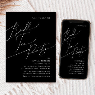 Whimsical Minimalist Script Black Bridal Tea Party Invitation