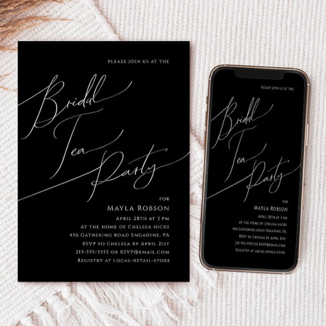Whimsical Minimalist Script Black Bridal Tea Party Invitation (Creator Uploaded)