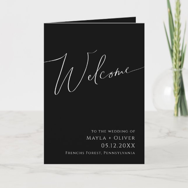 Whimsical Minimalist Script | Black Folded Wedding Program (Front)