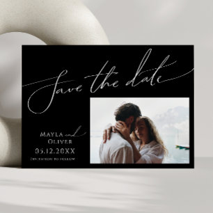 Whimsical Minimalist Script Black Photo Horizontal Save The Date
