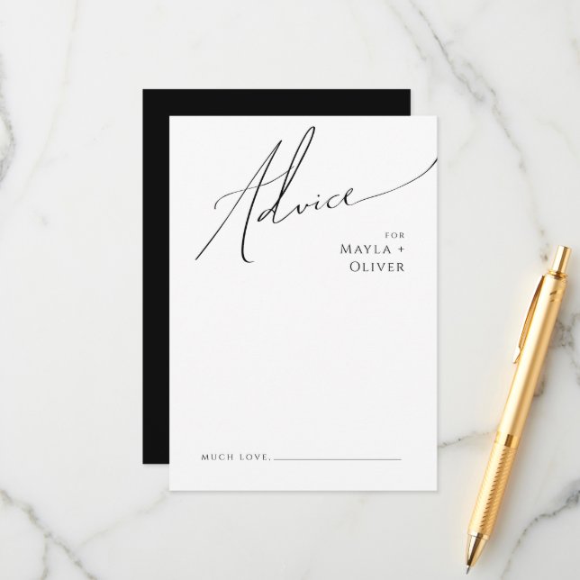 Whimsical Minimalist Script | Black Wedding Advice Card (Front/Back In Situ)