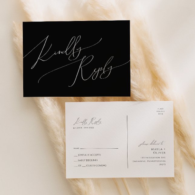 Whimsical Minimalist Script | Black Wedding RSVP Postcard (Creator Uploaded)