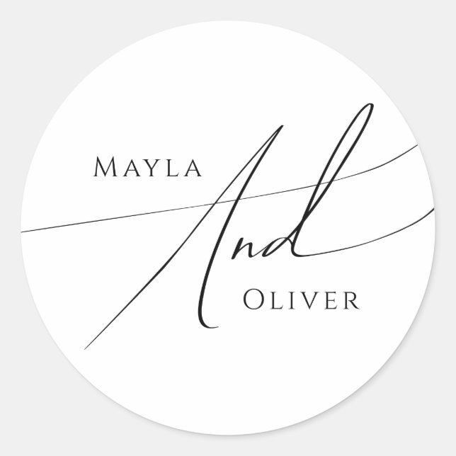 Whimsical Minimalist Script Wedding Classic Round Sticker (Front)