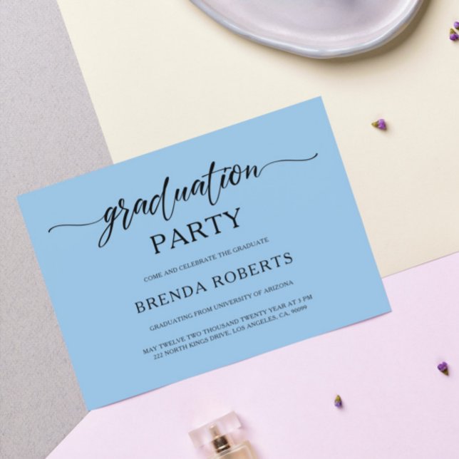 Whimsical Minimalistic Black Calligraphy On Blue Invitation (Creator Uploaded)