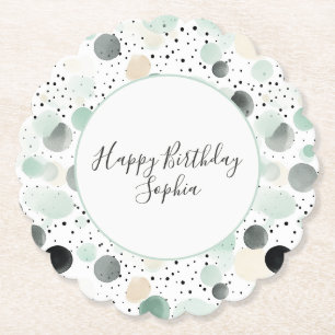Whimsical Mint Black Cream Dots Birthday Paper Coaster