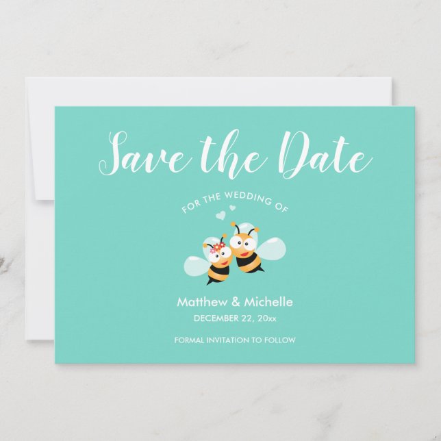 Whimsical Mint To Be Honey Bee Couple Cute Wedding Save The Date (Front)
