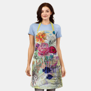Whimsical mixed media collage art apron