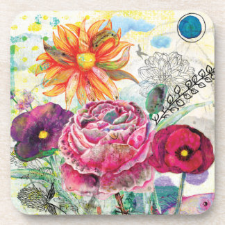 Whimsical mixed media collage art coaster