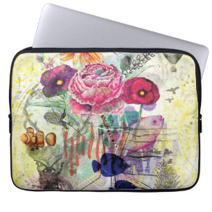 Whimsical mixed media collage art laptop sleeve