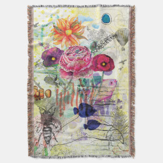 Whimsical mixed media collage art throw blanket