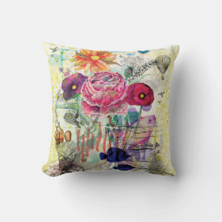 Whimsical mixed media collage art throw pillow