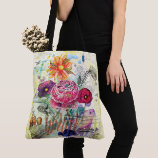 Whimsical mixed media collage art tote bag