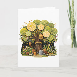 Whimsical Mixed Media Garden Tree with Beehives Card