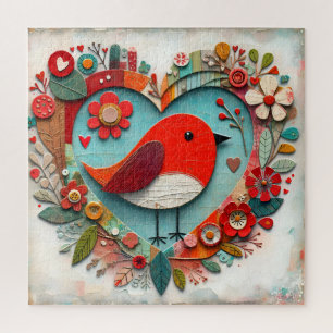 Whimsical mixed media Red Robin Bird Heart Jigsaw Puzzle