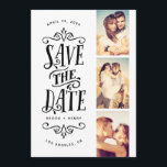 Whimsical Mod 3-Photo Save The Date | Black<br><div class="desc">Announce your date in style with this 3-photo save the date card featuring bold typography. The reverse features a striped pattern and an additional photo and text.</div>