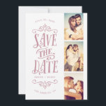 Whimsical Mod 3-Photo Save The Date | Mauve<br><div class="desc">Announce your date in style with this 3-photo save the date card featuring bold typography. The reverse features a striped pattern and an additional photo and text.</div>