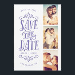 Whimsical Mod 3-Photo Save The Date | Periwinkle<br><div class="desc">Announce your date in style with this 3-photo save the date card featuring bold typography. The reverse features a striped pattern and an additional photo and text.</div>
