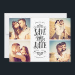 Whimsical Mod 4-Photo Save The Date | Black<br><div class="desc">Announce your date in style with this 4-photo save the date card featuring bold typography. The reverse features a striped pattern and an additional photo and text.</div>