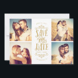 Whimsical Mod 4-Photo Save The Date | Gold<br><div class="desc">Announce your date in style with this 4-photo save the date card featuring bold typography. The reverse features a striped pattern and an additional photo and text.</div>