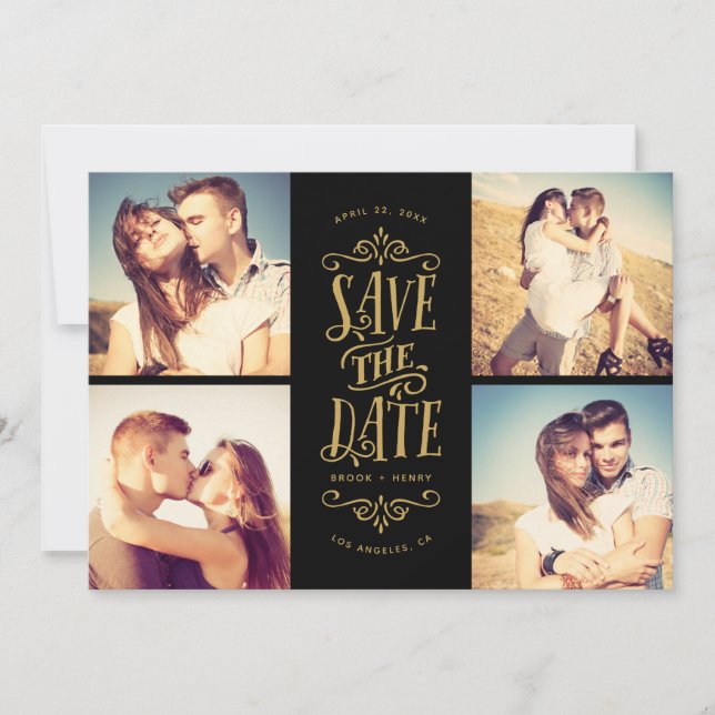 Whimsical Mod 4-Photo Save The Date | Gold Black (Front)