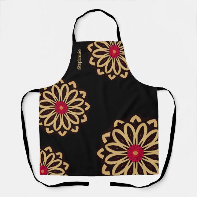 Whimsical Mod Flowers Black & Gold Personalized Apron (Front)