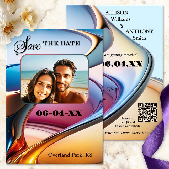 Whimsical Modern Abstract Art Photo Save the Date Announcement (Whimsical Save the Date card showing your photo on a colorful abstract modern design - with QR code)