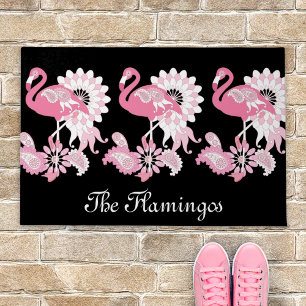 Whimsical Modern Black Pink Flamingo Doormat