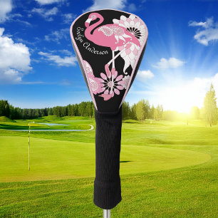 Whimsical Modern Black Pink Flamingo Golf Head Cover