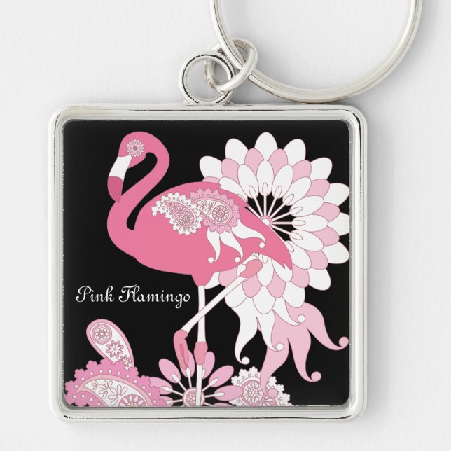Whimsical Modern Black Pink Flamingo Keychain (Front)