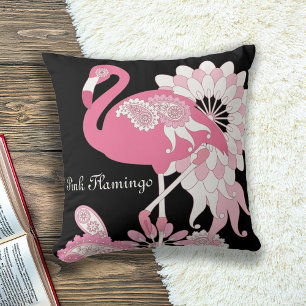 Whimsical Modern Black Pink Flamingo Throw Pillow