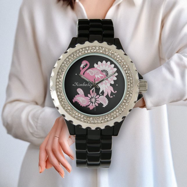 Whimsical Modern Black Pink Flamingo Watch (Creator Uploaded)