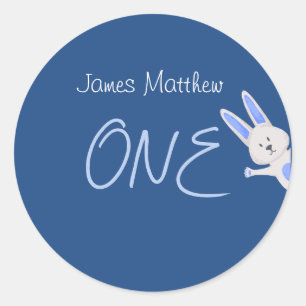 Whimsical Modern Blue Bunny 1st Birthday Classic Round Sticker