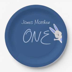 Whimsical Modern Blue Bunny 1st Birthday Paper Plate