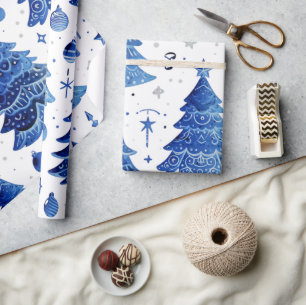 Whimsical Modern Blue Christmas Trees Wrapping Paper