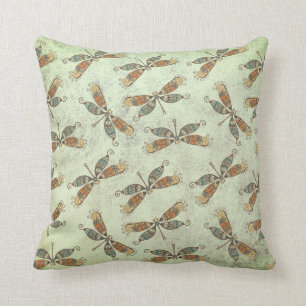 Whimsical Modern Dragonfly Pattern On Sage Green Throw Pillow