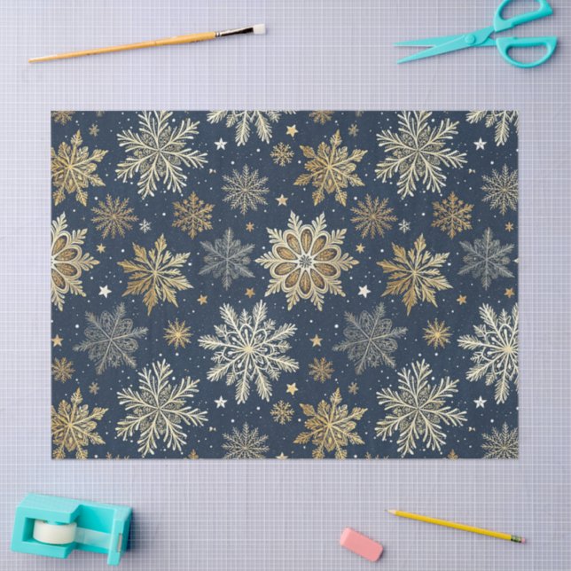 Whimsical Modern Navy Gold Snowflakes Decoupage Tissue Paper (Craft)