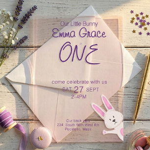 Whimsical Modern Pink Bunny 1st Birthday Acrylic Invitations