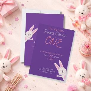 Whimsical Modern Pink Bunny 1st Birthday Invitation