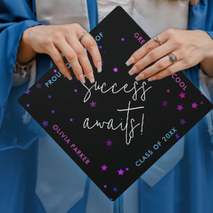 Whimsical Modern Success Black Gold Blue Stars Graduation Cap Topper