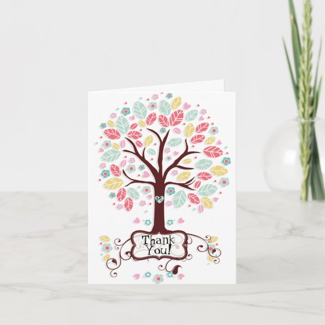 Whimsical Modern Swirl Heart Flower Tree Thank You (Front)