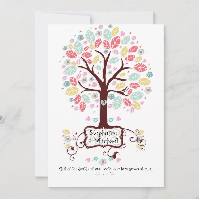 Whimsical Modern Swirl Heart Flower Tree Wedding Invitation (Front)