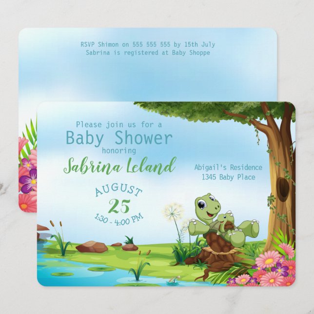 Whimsical Mom and Baby Turtle Animal Baby Shower Invitation (Front/Back)