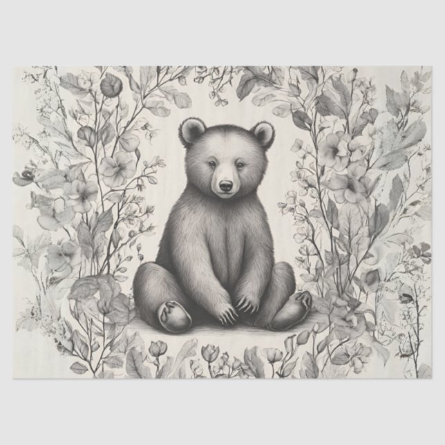 Whimsical Monochromatic Bear in the Flower Garden Tissue Paper (Front)