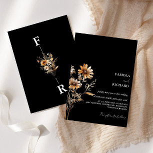 Whimsical Monogram BLack Wildflower Wedding Invitation