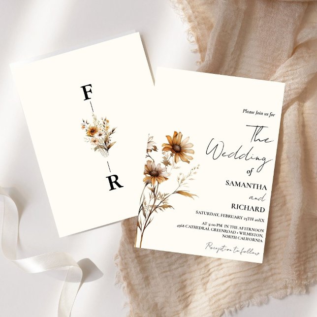 Whimsical Monogram BLack Wildflower Wedding  Invitation (Creator Uploaded)