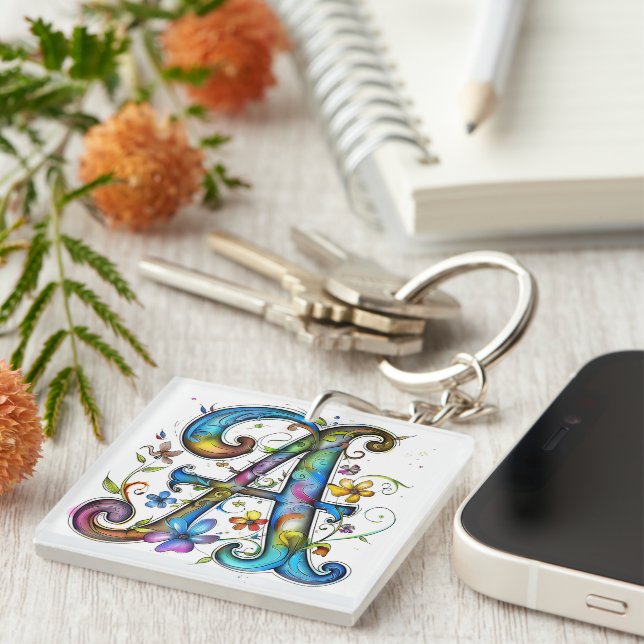 Whimsical Monogram Letter A Keychain (Front Right)
