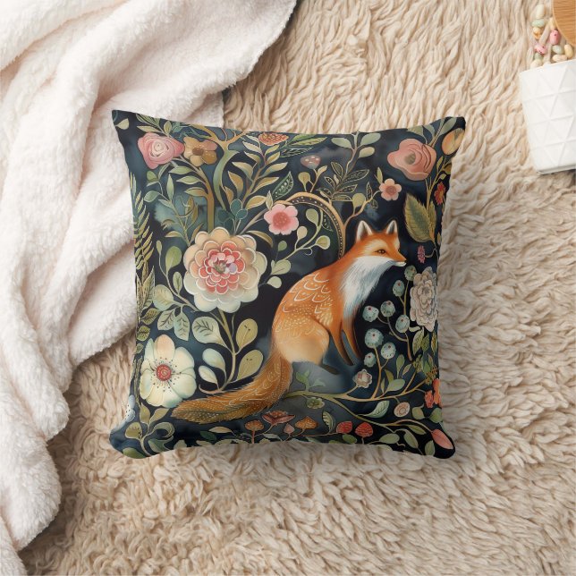 Whimsical Moody Dark Floral Fox and Flowers  Throw Pillow (Blanket)