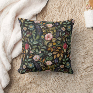 Whimsical Moody Maximalist Dark Floral Botanical  Throw Pillow
