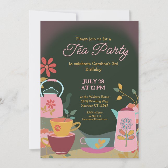 Whimsical Moody Tea Party Birthday Invitation (Front)