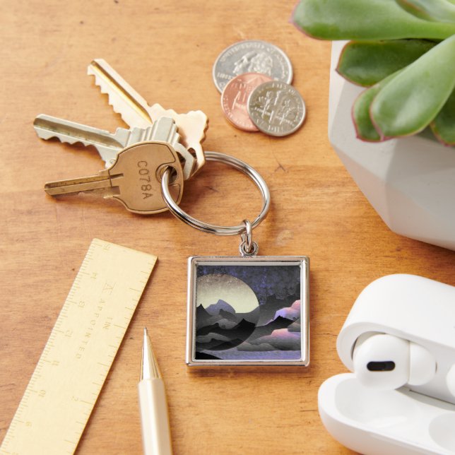 Whimsical Moon and Mountains Abstract Art Keychain (Desk)